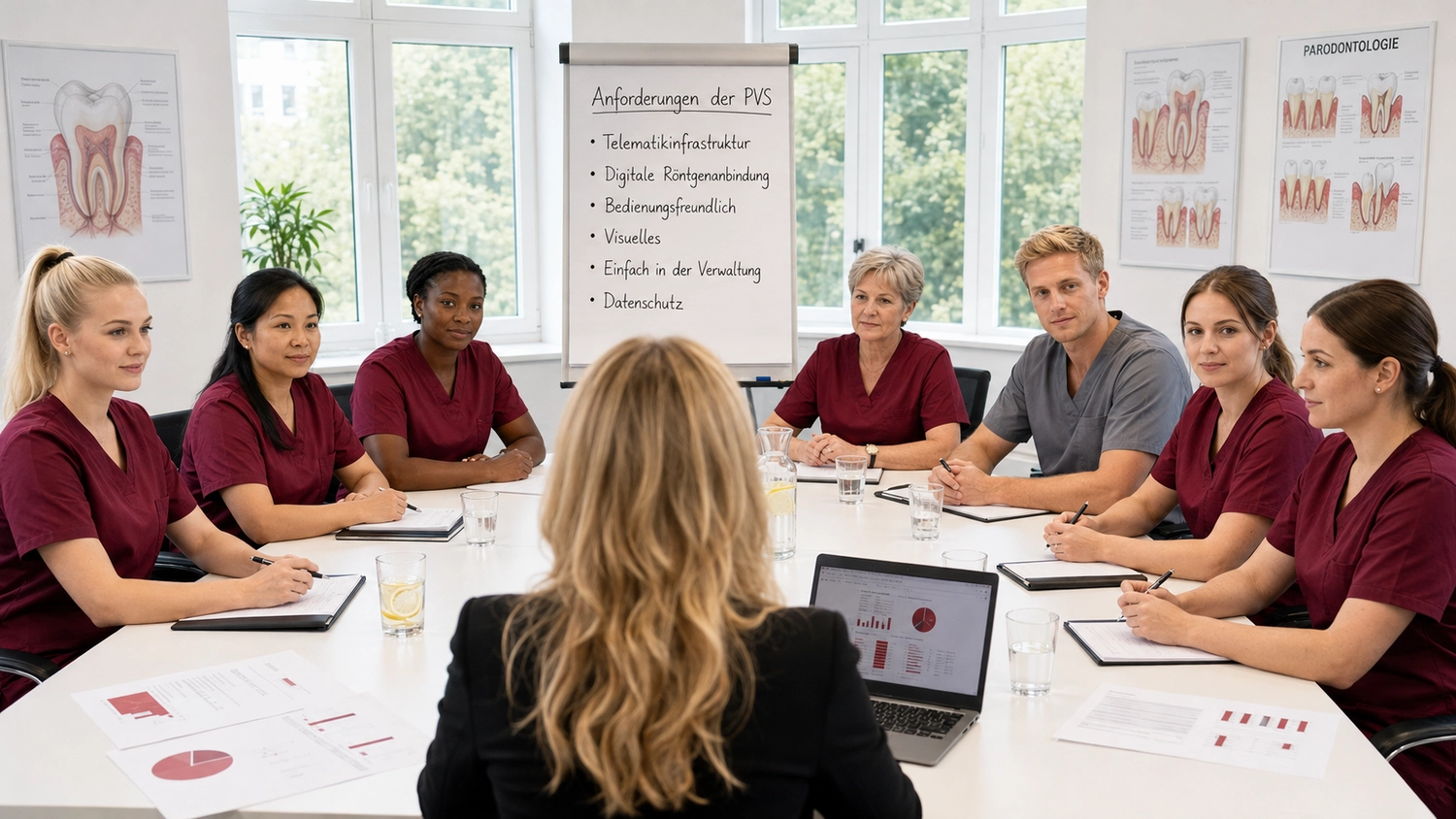 Neoflex – Kaufmännische Dienstleistungen & Betreuung – Ein medizinisches/zahnmedizinisches Team in OP-Kleidung sitzt bei einer Besprechung um einen Tisch herum, im Hintergrund ist ein Flipchart mit der Aufschrift „PQS-Anforderungen“ zu sehen.