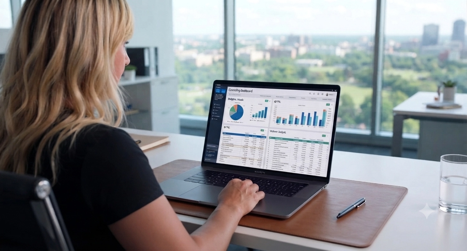 Neoflex – Kaufmännische Dienstleistungen & Betreuung – Eine Person, die an einem Schreibtisch mit zwei Laptops und einem Tablet mit zwei Bildschirmen sitzt und farbenfrohe Diagramme, Grafiken und Daten-Dashboards analysiert.