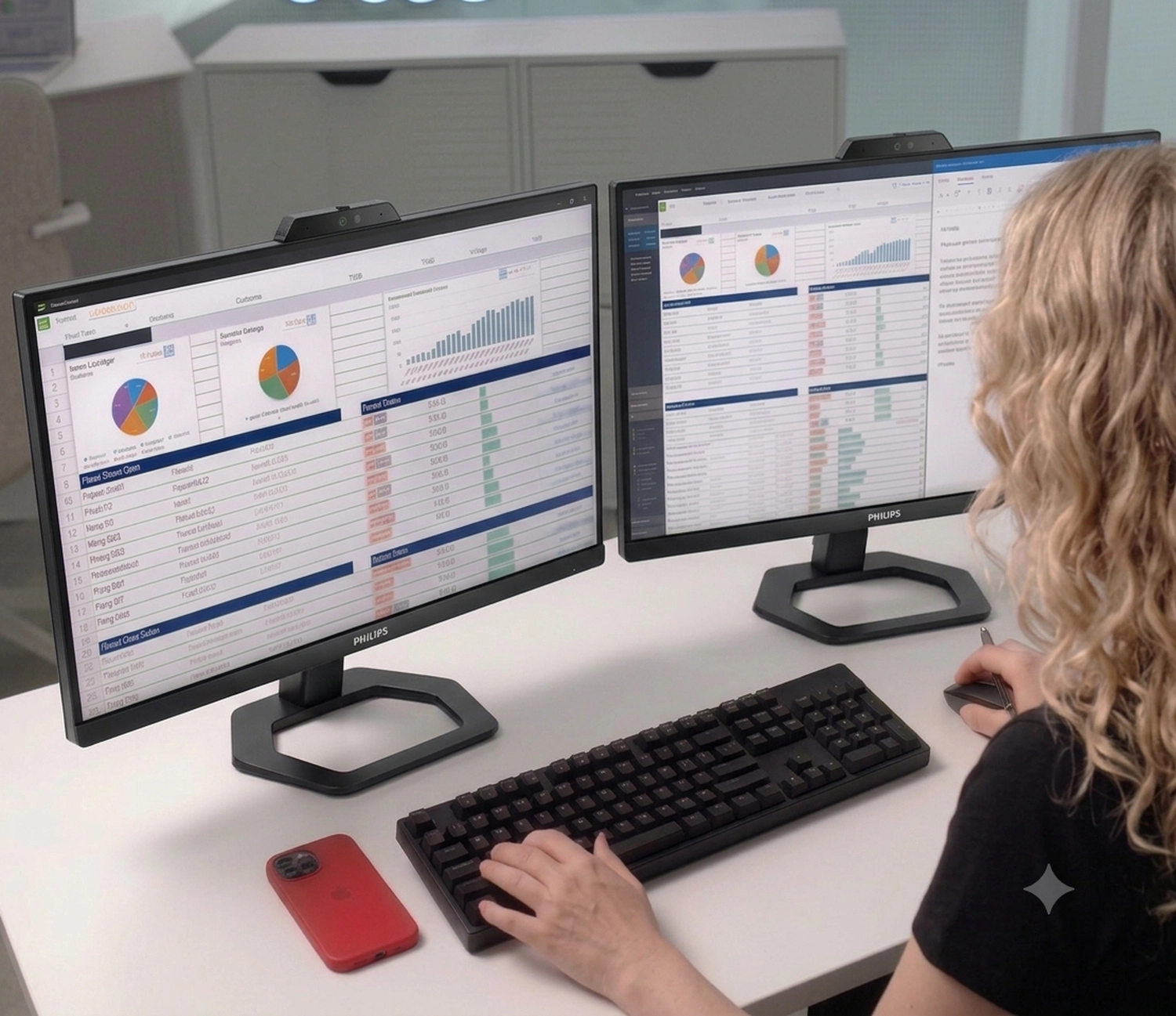 Neoflex – Kaufmännische Dienstleistungen & Betreuung – Eine Person, die an einem Schreibtisch mit zwei Laptops und einem Tablet mit zwei Bildschirmen sitzt und farbenfrohe Diagramme, Grafiken und Daten-Dashboards analysiert.