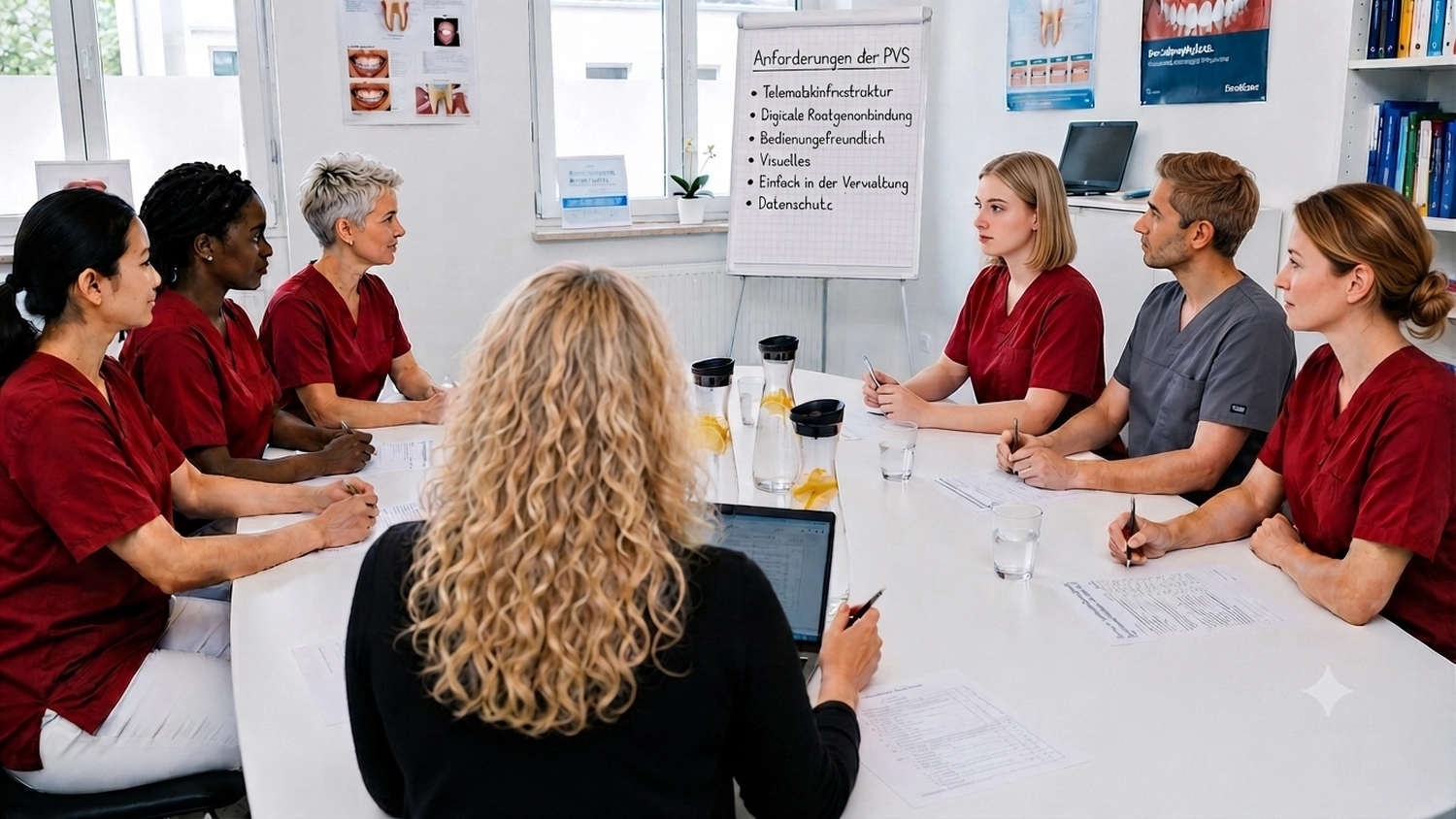 Neoflex – Kaufmännische Dienstleistungen & Betreuung – Ein medizinisches/zahnmedizinisches Team in OP-Kleidung sitzt bei einer Besprechung um einen Tisch herum, im Hintergrund ist ein Flipchart mit der Aufschrift „PQS-Anforderungen“ zu sehen.