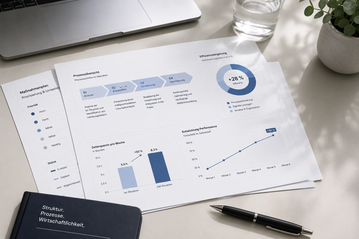 Neoflex – Kaufmännische Dienstleistungen & Betreuung – Gedruckte Geschäftsberichte mit Diagrammen, einer Effizienzkennzahl von +28 % und einem Balkendiagramm, das auf einem Schreibtisch neben einem Notizbuch, einem Stift und einem Laptop liegt.